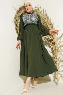 Overlay Floral Belted Dress Khaki