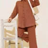 Stone Detail Front Tunic Two-Piece Set Brown all'ingrosso clothing set - Hicabistan fabbrica Turchia
