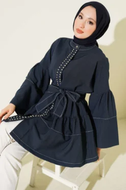 Stone-Embellished Hidden Button Tunic Navy Blue