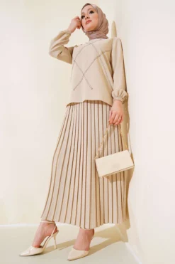 Embellished Front Stone Detailed Crepe Two-Piece Set Beige