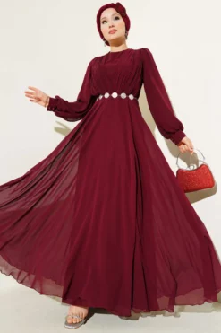 Alternatieve weergave van V-Neck Pleated Belted Evening Dress Burgundy