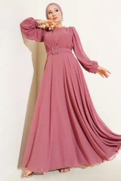 V-Neck Pleated Belted Evening Dress