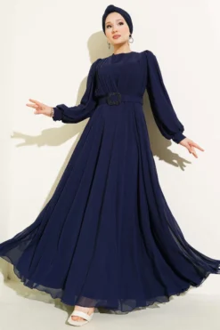 V-Neck Pleated Belted Evening Dress Navy Blue