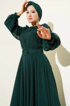 Alternatieve weergave van V-Neck Pleated Belted Evening Dress Emerald