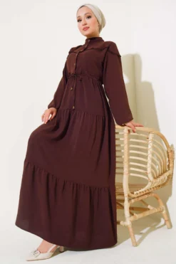 Half Button Front Layered Dress Brown