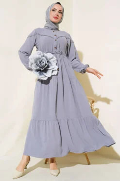 Half Button Front Layered Dress Grey