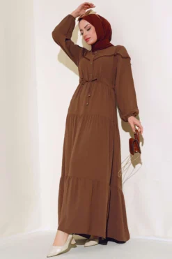 Half Button Front Layered Dress Tan
