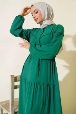 Half Button Front Layered Dress Green