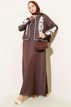 Embroidered Detail Jacket Dress Set Brown