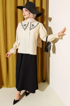 Embroidered Baby Collar Skirt Set Beige wholesale clothing set view 2 - Hicabistan Turkey factory