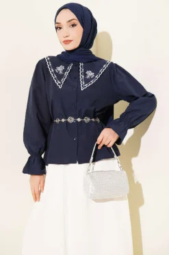 Embroidered Baby Collar Skirt Set Navy Blue wholesale clothing set view 2 - Hicabistan Turkey factory