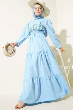 Embroidered Tiered Dress with Elastic Waist Blue