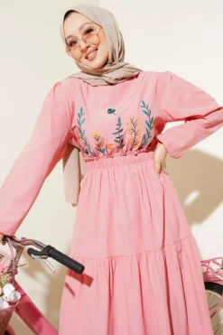 Alternative view of Embroidered Tiered Dress with Elastic Waist Powder Pink