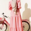 Embroidered Tiered Dress with Elastic Waist Powder Pink wholesale dress view 3 - Hicabistan Turkey factory