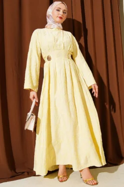 Embroidered Waist Belt Dress with Gold Accessories Yellow wholesale dress view 2 - Hicabistan Turkey factory