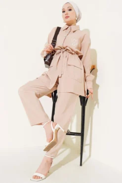 Alternative view of Embroidered Waist Tunic Tencel Two-Piece Set Stone