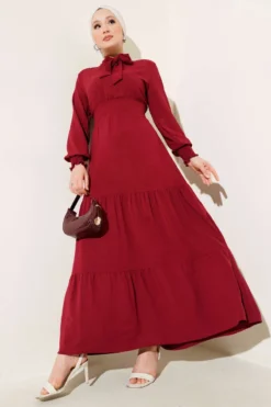 Front Tie Detail Elastic Dress Burgundy