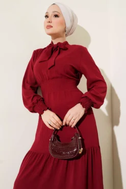 Vista alternativa di Front Tie Detail Elastic Dress Burgundy