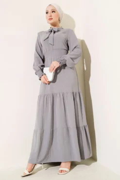 Front Tie Detail Elastic Dress Grey