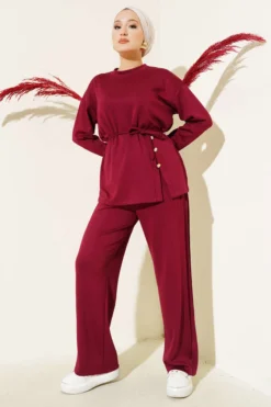 Front Button Detail Tie-String Two-Piece Set Burgundy all'ingrosso clothing set - Hicabistan fabbrica Turchia