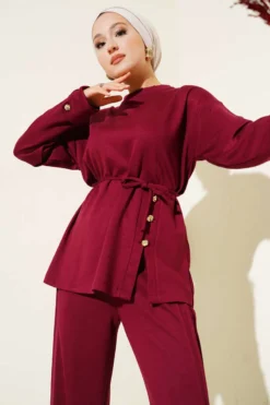 Front Button Detail Tie-String Two-Piece Set Burgundy all'ingrosso clothing set view 2 - Hicabistan fabbrica Turchia
