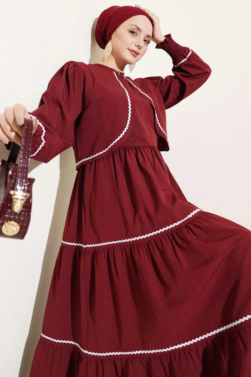 Dress Set with Ribbed Stitch Detail Burgundy groothandel dress - Hicabistan Turkije fabriek