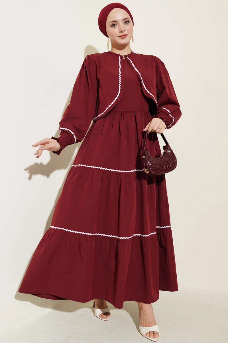 Dress Set with Ribbed Stitch Detail Burgundy groothandel dress view 2 - Hicabistan Turkije fabriek