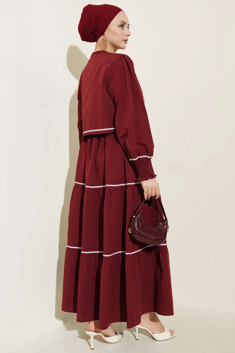 Dress Set with Ribbed Stitch Detail Burgundy groothandel dress view 3 - Hicabistan Turkije fabriek