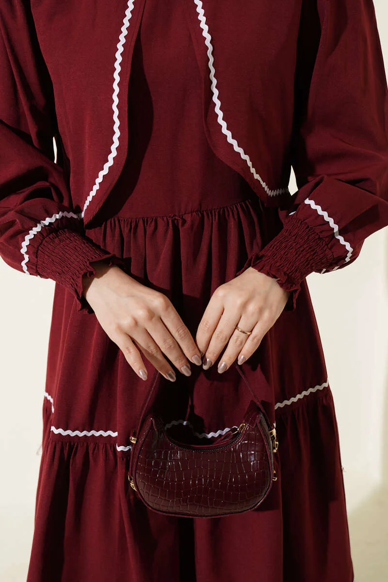 Dress Set with Ribbed Stitch Detail Burgundy groothandel dress view 4 - Hicabistan Turkije fabriek