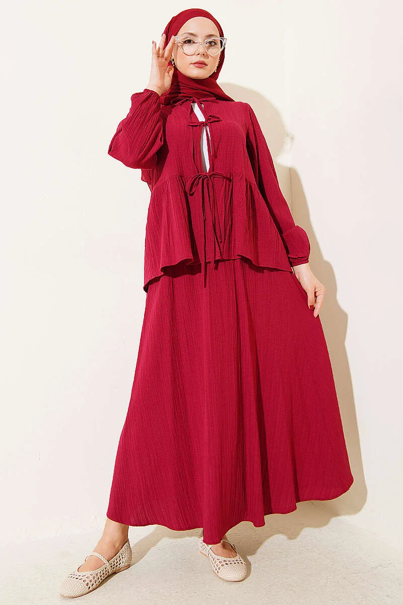 Dress Set with Ribbed Stitch Detail Burgundy groothandel dress view 6 - Hicabistan Turkije fabriek