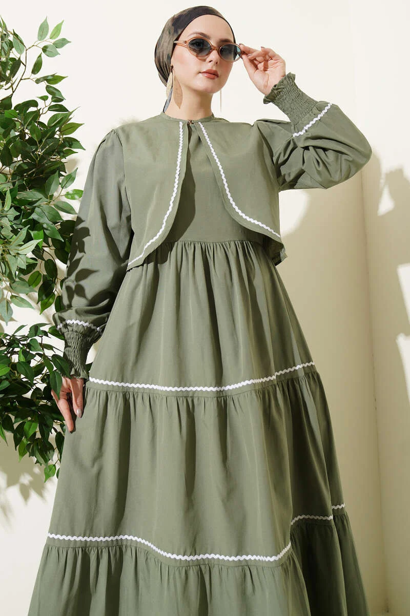 Dress Set with Ribbed Stitch Detail Khaki groothandel dress view 2 - Hicabistan Turkije fabriek