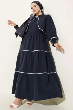 Dress Set with Ribbed Stitch Detail Navy Blue al por mayor dress - Hicabistan fábrica Turquía