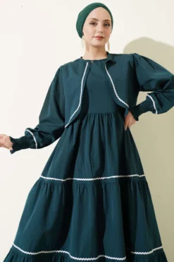 Dress Set with Ribbed Stitch Detail Emerald en gros dress view 2 - Hicabistan usine Turquie
