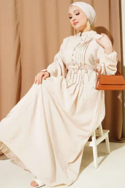 Ribbed Half Brit Button Dress Beige all'ingrosso dress - Hicabistan fabbrica Turchia