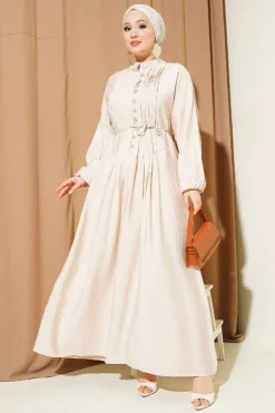 Ribbed Half Brit Button Dress Beige all'ingrosso dress view 2 - Hicabistan fabbrica Turchia