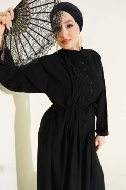 Ribbed Half Brit Button Dress Black all'ingrosso dress - Hicabistan fabbrica Turchia