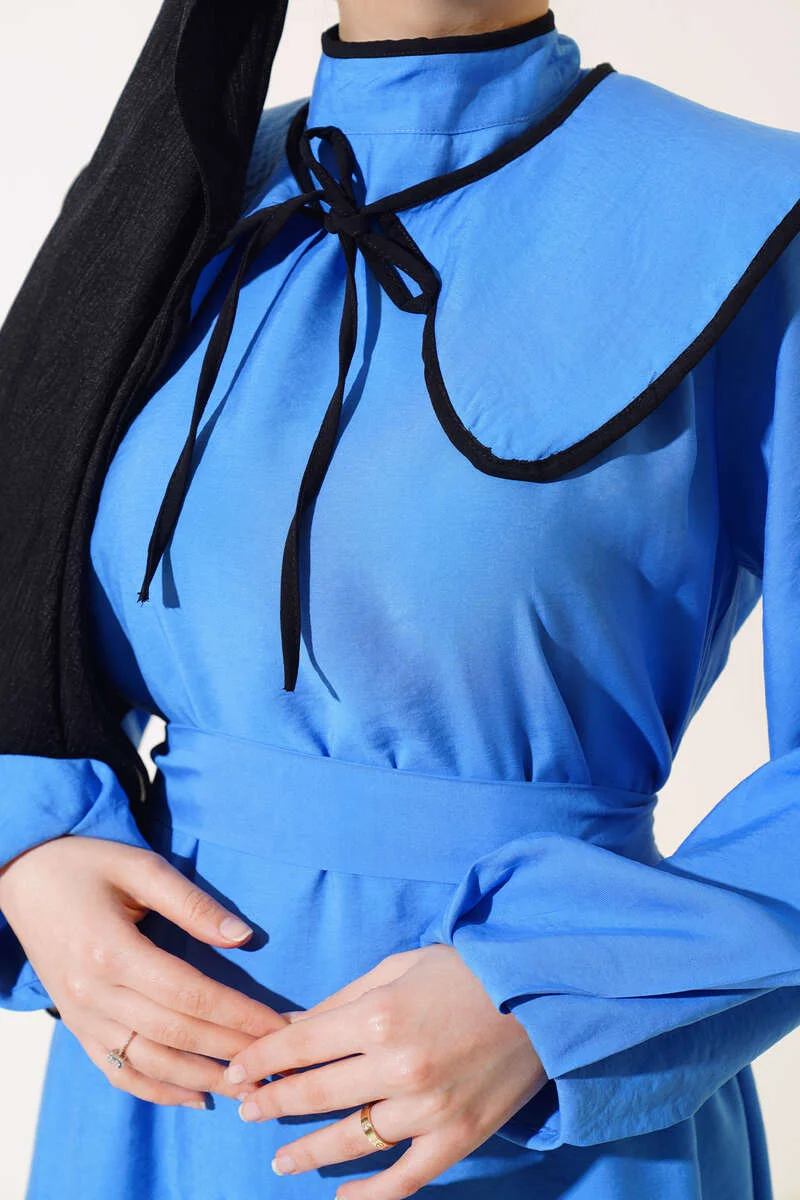 Nostalgic Collar Belted Dress Blue - Imagen 4