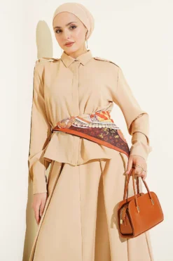 Shoulder Epaulette Pleated Skirt Two-Piece Set Beige wholesale clothing set view 2 - Hicabistan Turkey factory