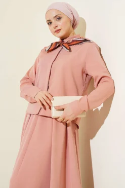 Shoulder Epaulette Pleated Skirt Two-Piece Set Powder Pink wholesale clothing set view 2 - Hicabistan Turkey factory