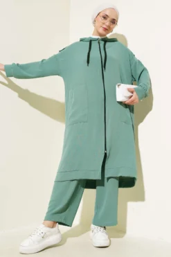 Long Cardigan with Shoulder Epaulettes and Ayrobin Two-Piece Set بالجملة clothing set - Hicabistan مصنع تركيا