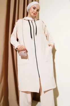 Long Cardigan with Shoulder Epaulettes and Ayrobin Two-Piece Set Beige بالجملة clothing set view 2 - Hicabistan مصنع تركيا