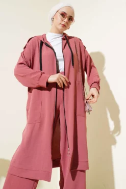 Long Cardigan with Shoulder Epaulettes and Ayrobin Two-Piece Set بالجملة clothing set view 2 - Hicabistan مصنع تركيا