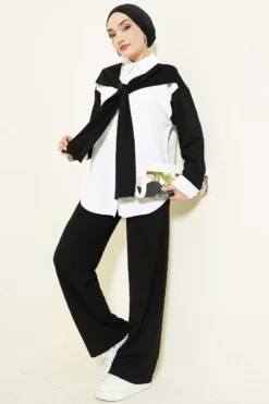 Shoulder Scarf Detailed Loya Two-Piece Set Black