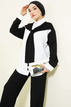 Alternative view of Shoulder Scarf Detailed Loya Two-Piece Set Black