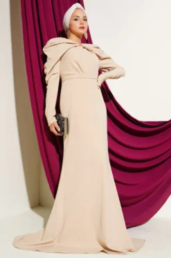 Shoulder Drawstring Evening Dress Beige en gros dress - Hicabistan usine Turquie