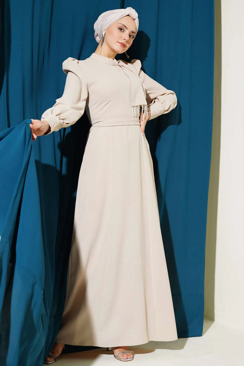 Beaded Shoulder Belted Evening Dress Beige wholesale dress - Hicabistan Turkey factory