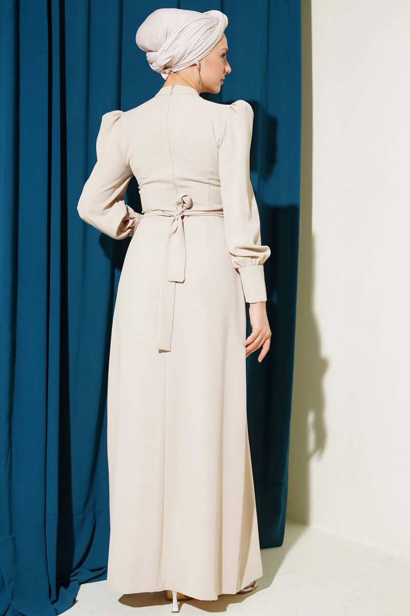 Beaded Shoulder Belted Evening Dress Beige wholesale dress view 3 - Hicabistan Turkey factory