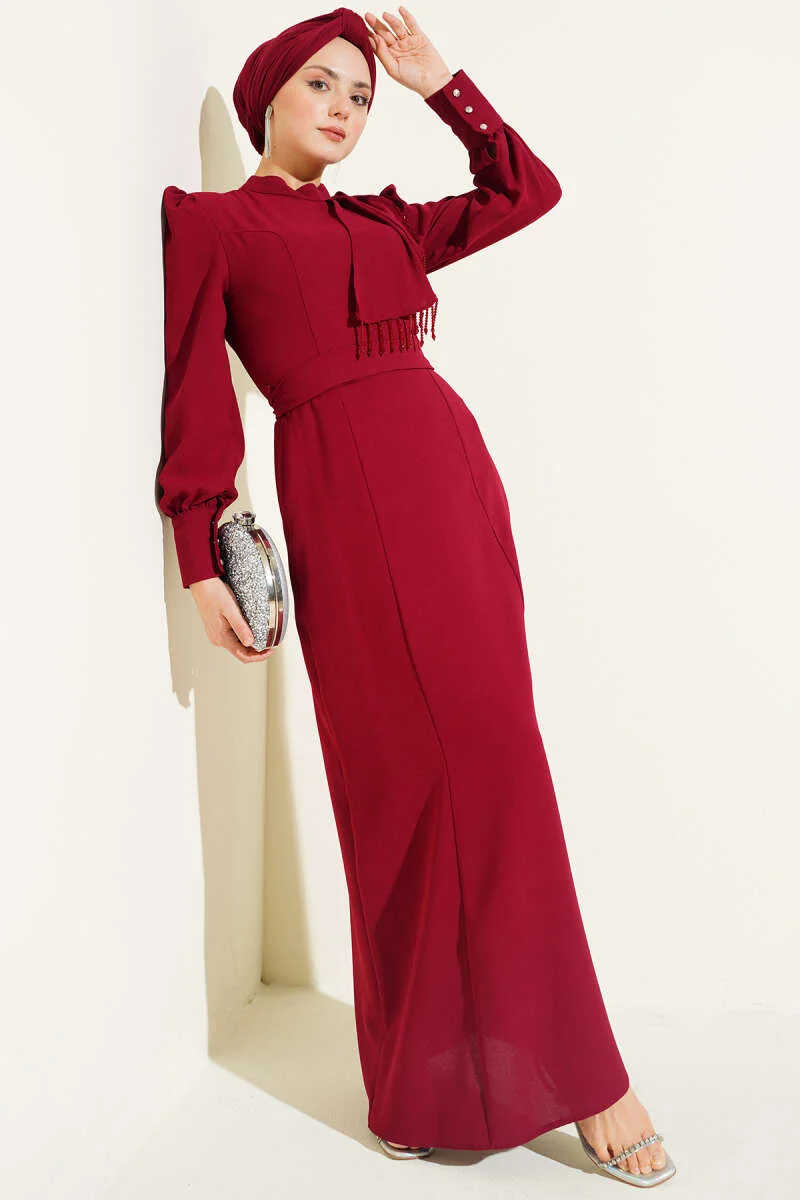 Beaded Shoulder Belted Evening Dress Burgundy wholesale dress - Hicabistan Turkey factory