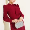 Beaded Shoulder Belted Evening Dress Burgundy wholesale dress view 2 - Hicabistan Turkey factory