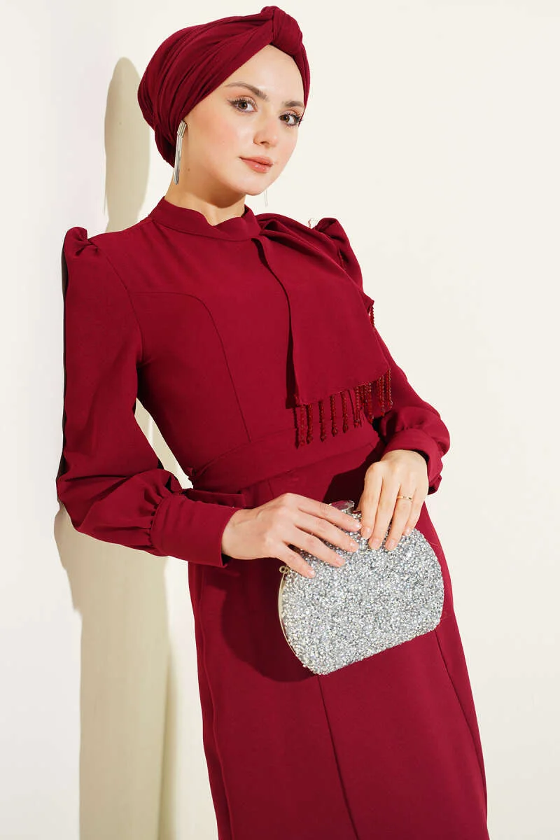 Beaded Shoulder Belted Evening Dress Burgundy wholesale dress view 2 - Hicabistan Turkey factory